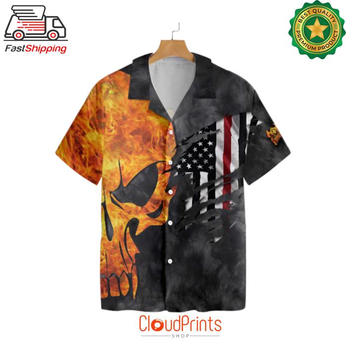 Firefighter And Flame Skull American Flag Hawaiian Shirt